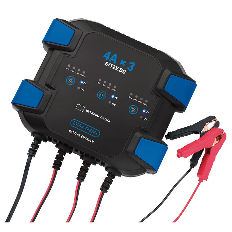 Draper SBC4X3 6 / 12V 12A 3 Bank Smart Charger Black & Blue