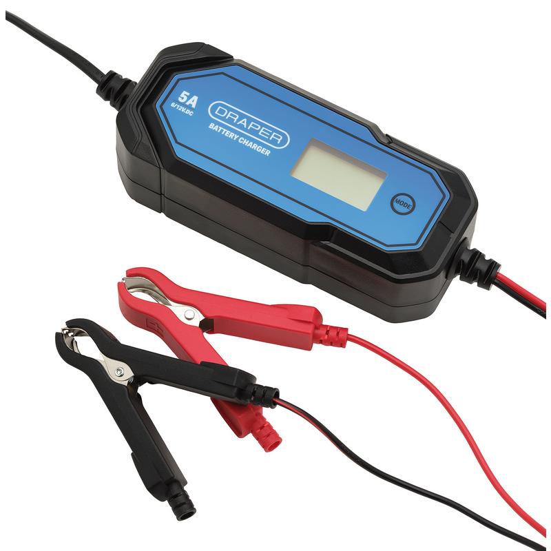 Draper BCLCD5 6 / 12V 5A Smart Battery Charger LCD Black & Blue