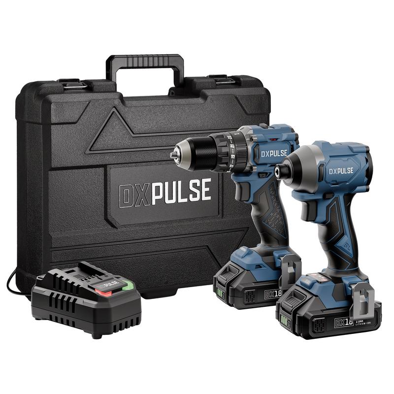 Draper DXP18VDSTK DX PULSE 18V Brushless Combi & Impact Wrench Twin Kit with Accesory Kit, 2 x 2ah Batteries & Charger