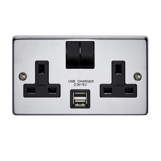 Crabtree 4316/USB/SCBK/D 2 Gang 13A DP USB Socket Satin Chrome Black Insert