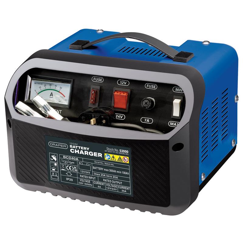 Draper BCD40A 12 / 24V 20-25A Battery Charger Black & Blue