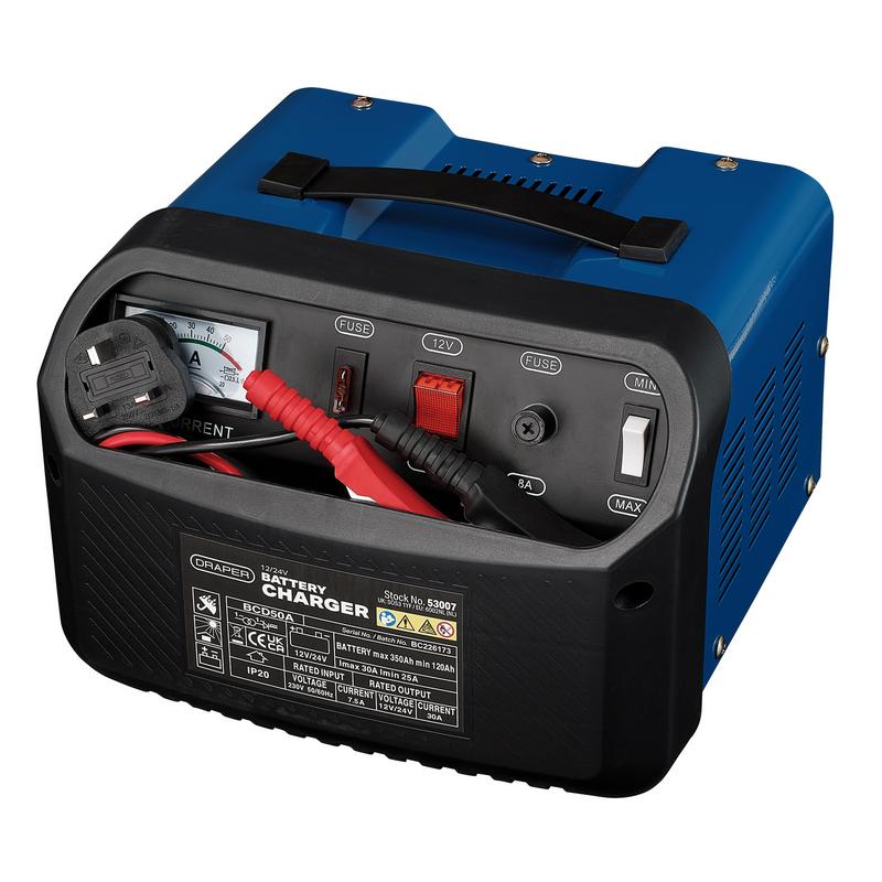 Draper BCD50A 12 / 24V 25-30A Battery Charger Black & Blue
