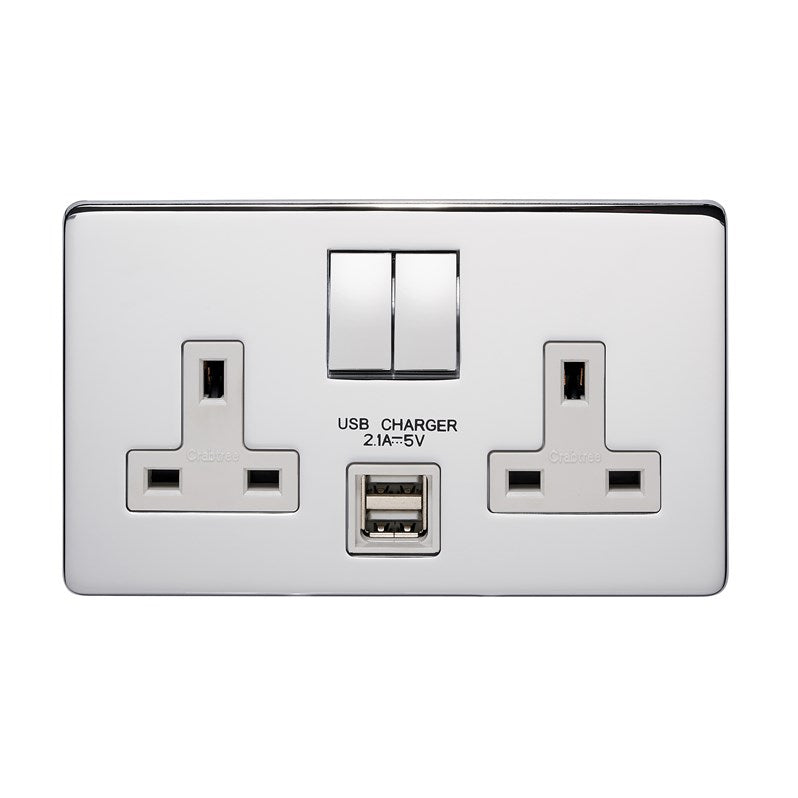Crabtree 7316USB/HPC/WH/D 2 Gang 13A DP USB Socket Polished Chrome Whi ...