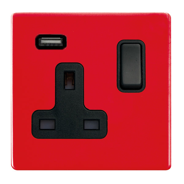 Hamilton 7RCSS1USBBL-B 1 Gang 13A Switched Socket with 2.1A Type A USB Pillar Box Red White Insert