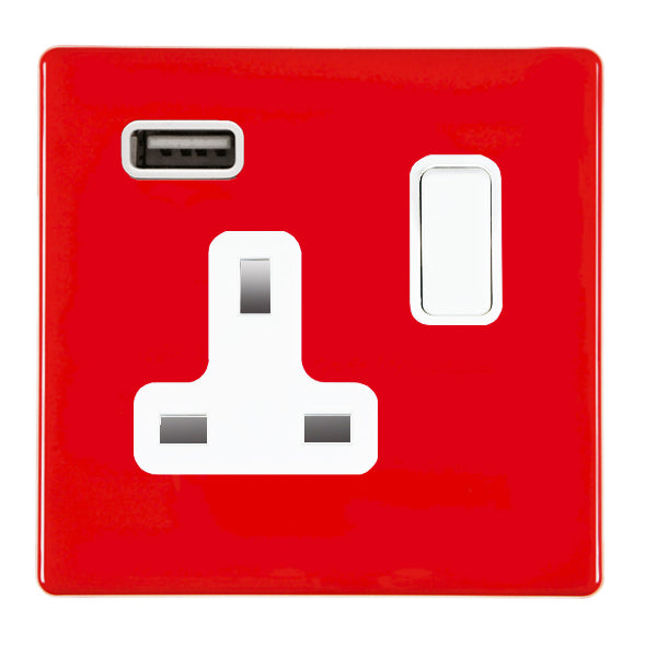 Hamilton 7RCSS1USBWH-W 1 Gang 13A Switched Socket with 2.1A Type A USB Pillar Box Red Black Insert