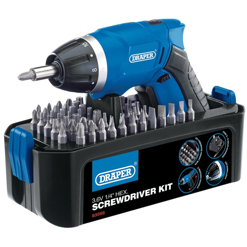 Draper CD36LIASF 3.6V Li-ion Cordless Screwdriver Kit with 54pc Screwdriver Bits