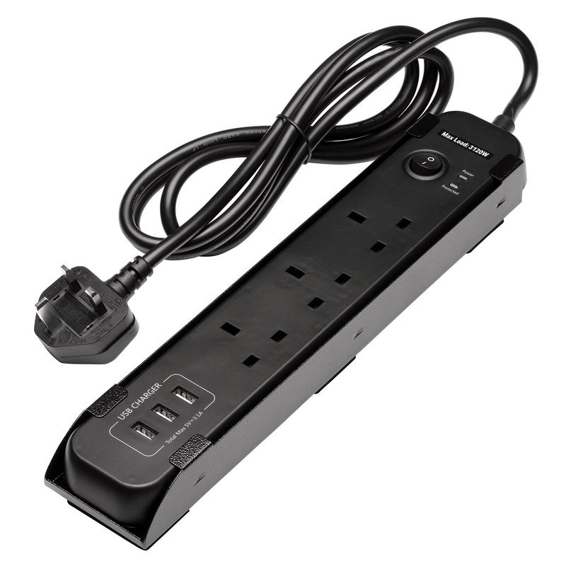 Bunker® AB1000-UKPSMH 3 Gang 1.8m Extension Lead with USB Black