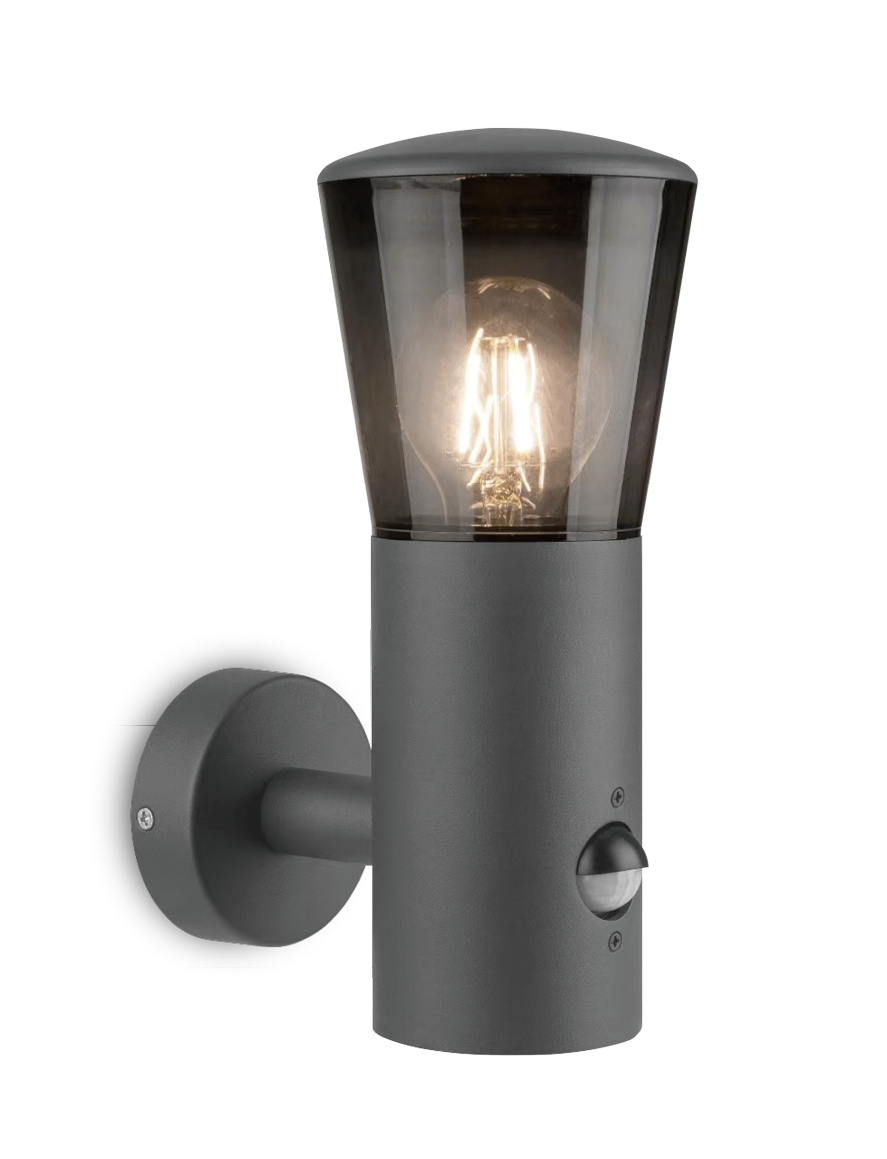 Kosnic ALBW-SMK/S Albury E27 Wall Light with Smoked Shade with Sensor IP65 Dark Grey