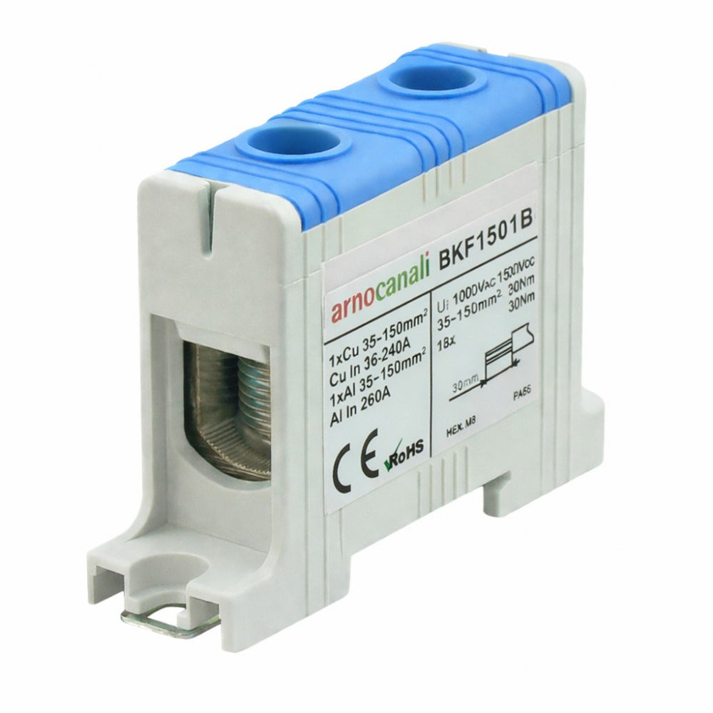 Switchtec BKF1501B Arnocanali 150mm 320A Single Hole Compact Din Rail Terminal Block Blue