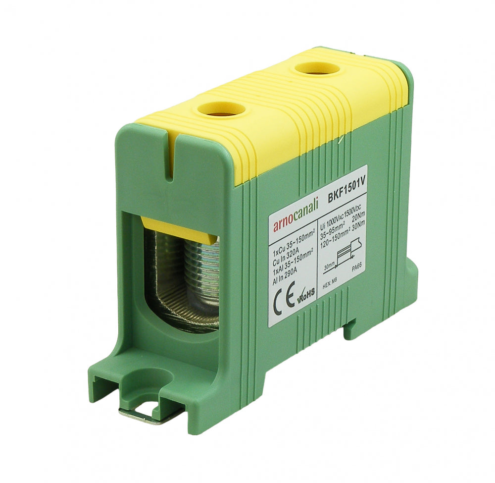 Switchtec BKF1501V Arnocanali 150mm 320A Single Hole Compact Din Rail Terminal Block Green / Yellow