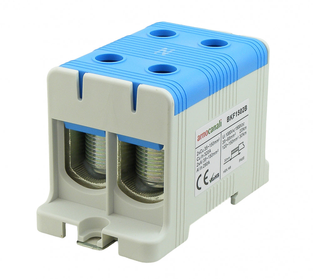 Switchtec BKF1502B Arnocanali 150mm 320A Two Hole Compact Din Rail Terminal Block Blue