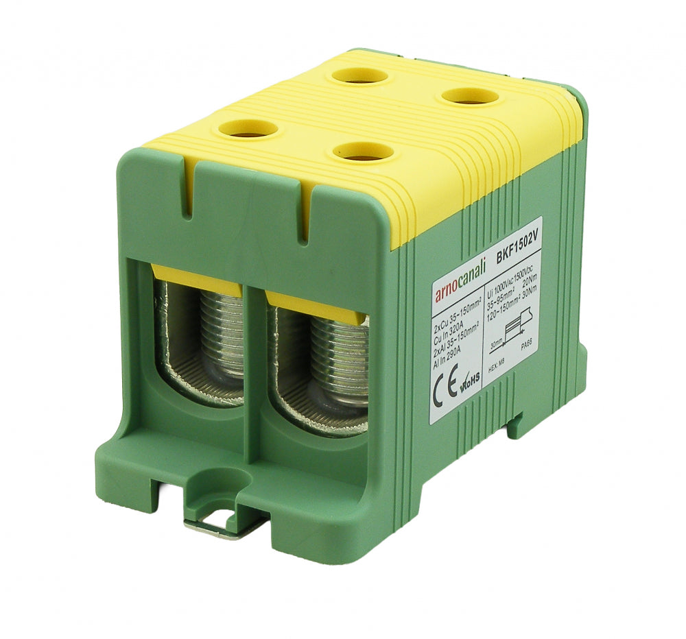 Switchtec BKF1502V Arnocanali 150mm 320A Two Hole Compact Din Rail Terminal Block Green / Yellow