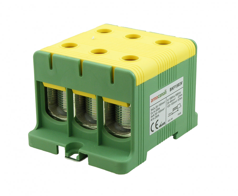 Switchtec BKF1503V Arnocanali 150mm 320A Three Hole Compact Din Rail Terminal Block Green / Yellow
