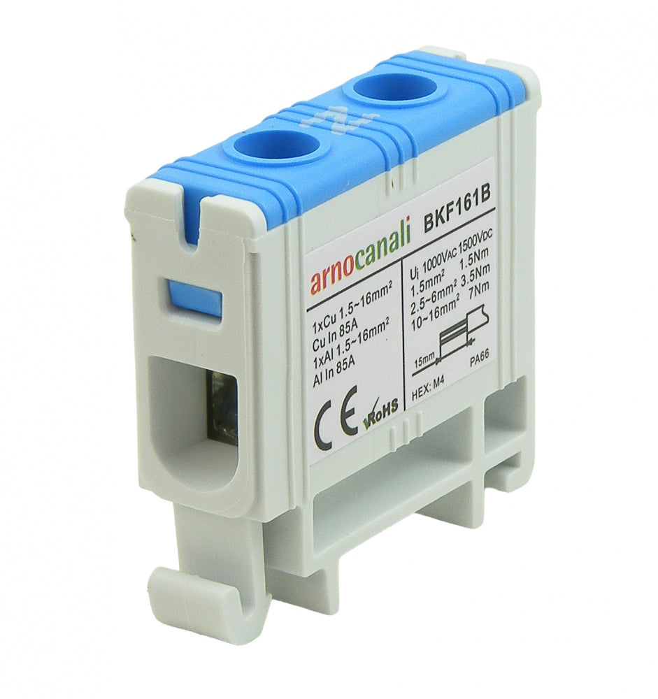 Switchtec BKF161B Arnocanali 16mm 75A Single Hole Compact Din Rail Terminal Block Blue