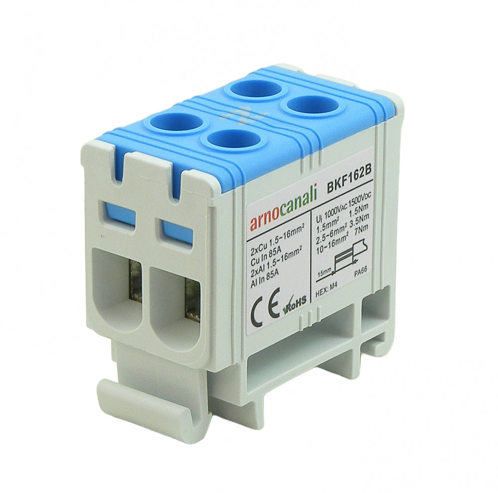 Switchtec BKF162B Arnocanali 16mm 75A Two Hole Compact Din Rail Terminal Block Blue