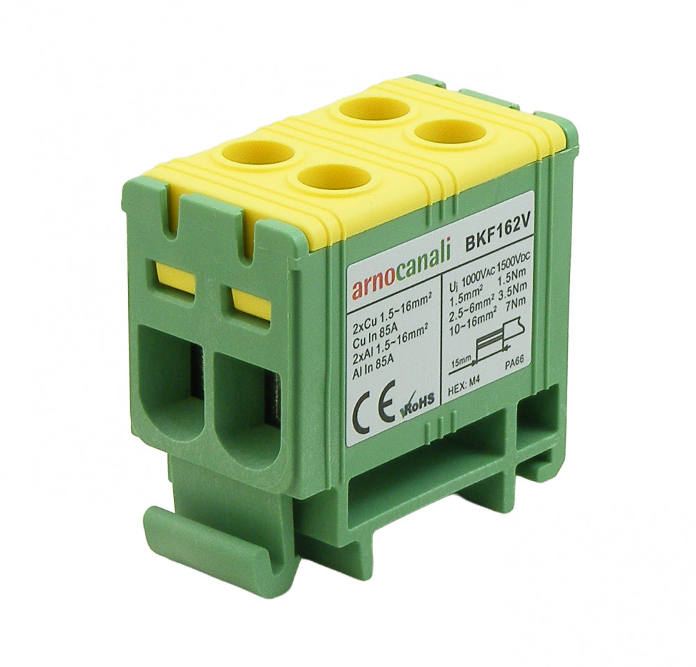 Switchtec BKF162V Arnocanali 16mm 75A Two Hole Compact Din Rail Terminal Block Green / Yellow