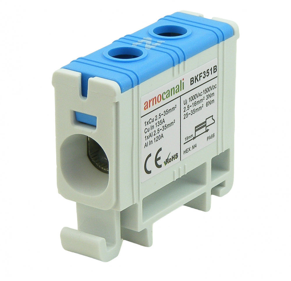 Switchtec BKF351B Arnocanali 35mm 135A Single Hole Compact Din Rail Terminal Block Blue