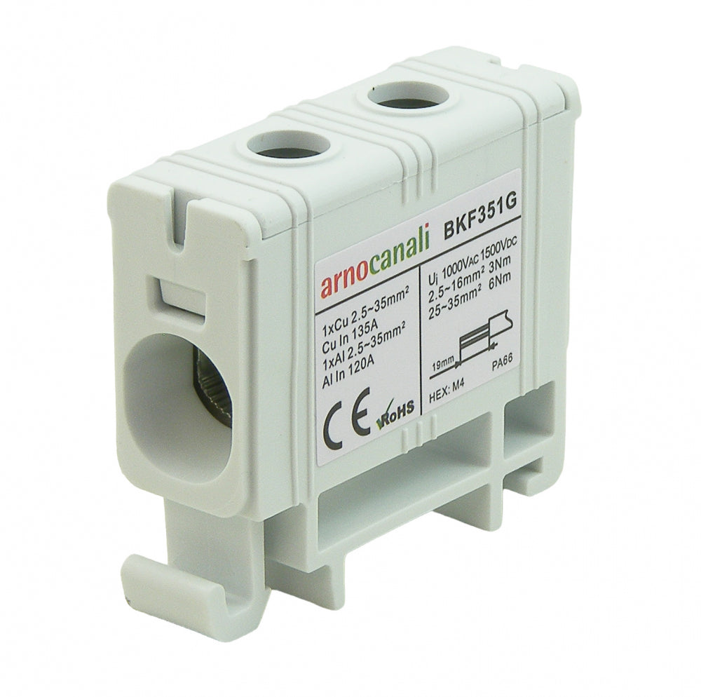 Switchtec BKF351G Arnocanali 35mm 135A Single Hole Compact Din Rail Terminal Block Grey