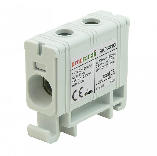 Switchtec BKF351G Arnocanali 35mm 135A Single Hole Compact Din Rail Terminal Block Grey