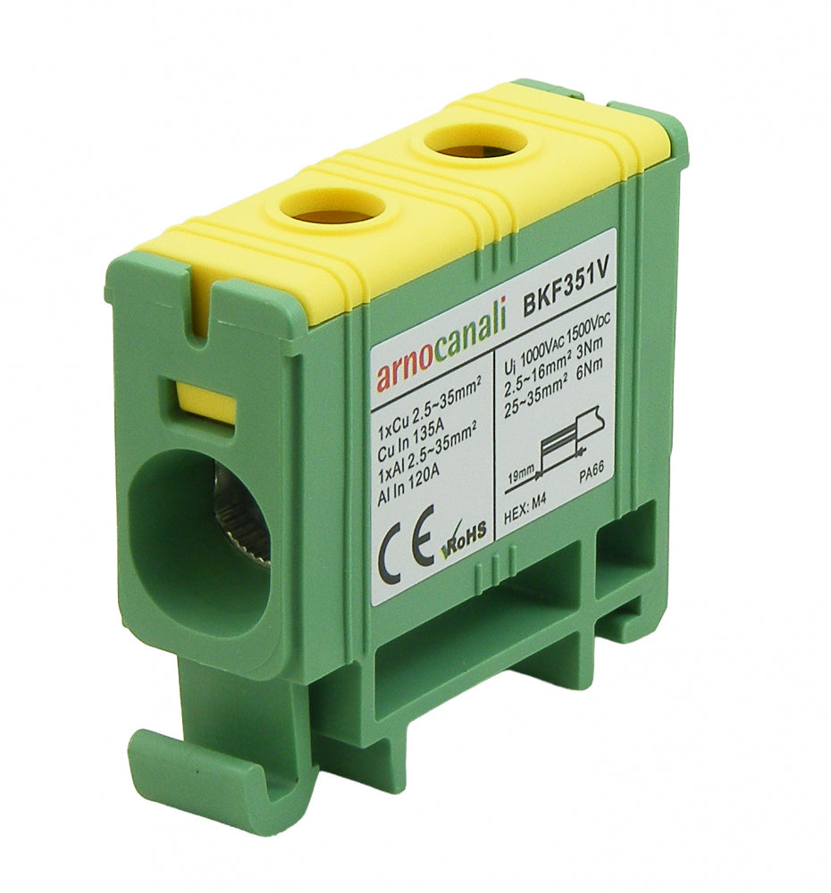 Switchtec BKF351V Arnocanali 35mm 135A Single Hole Compact Din Rail Terminal Block Green / Yellow