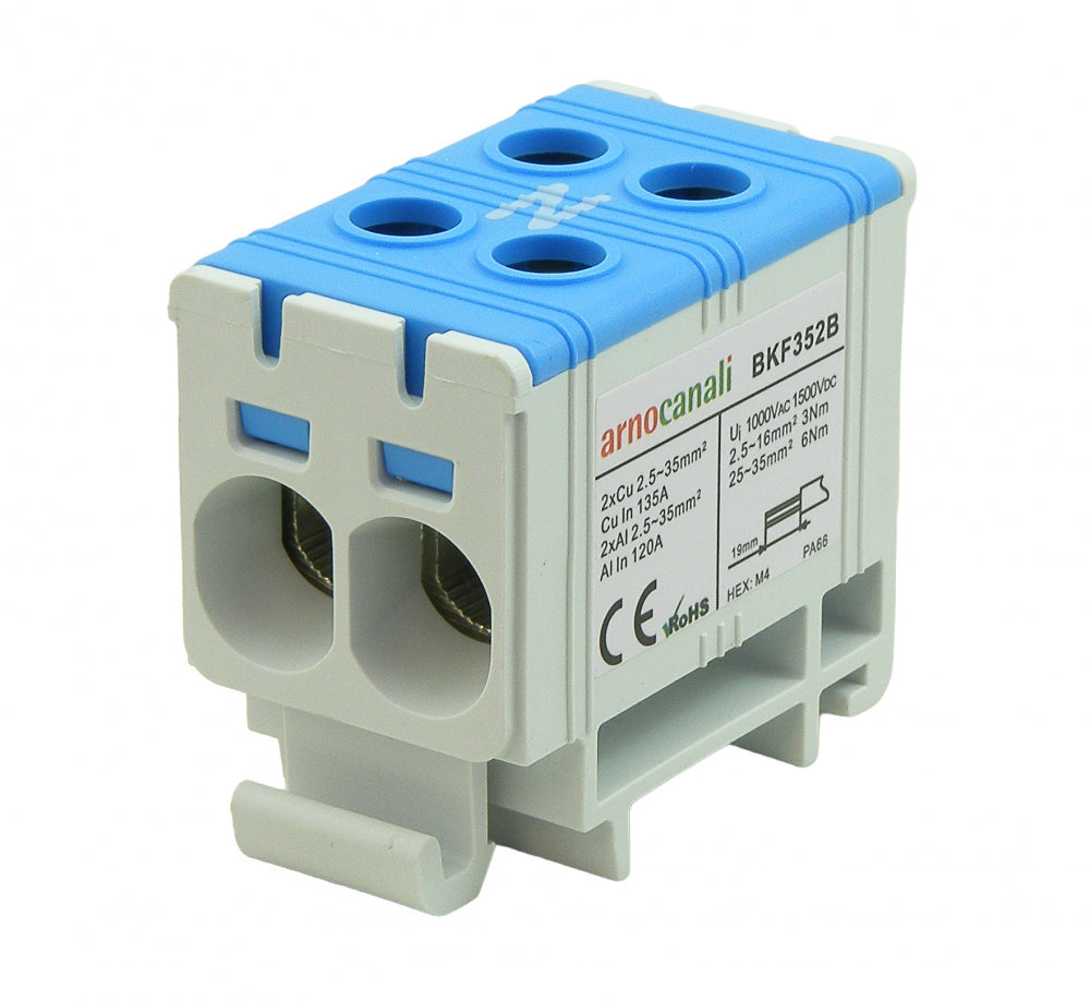 Switchtec BKF352B Arnocanali 35mm 135A Two Hole Compact Din Rail Terminal Block Blue