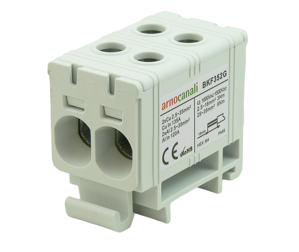 Switchtec BKF352G Arnocanali 35mm 135A Two Hole Compact Din Rail Terminal Block Grey