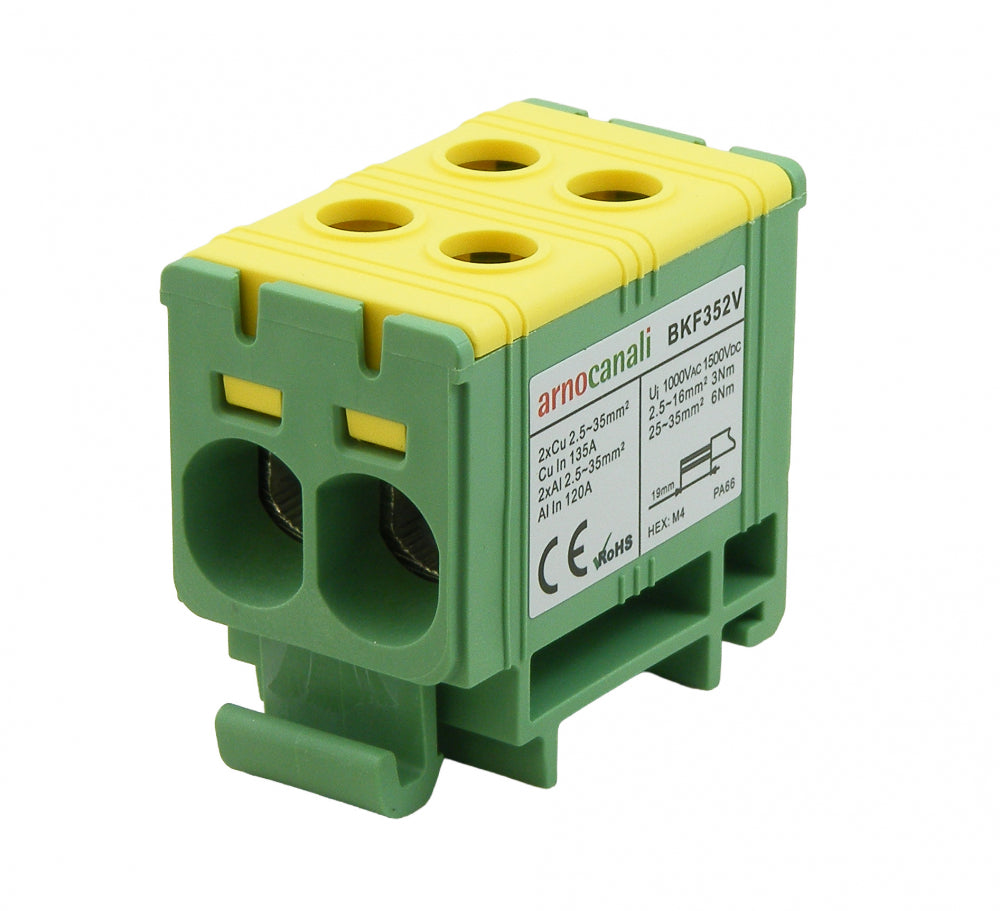 Switchtec BKF352V Arnocanali 35mm 135A Two Hole Compact Din Rail Terminal Block Green / Yellow