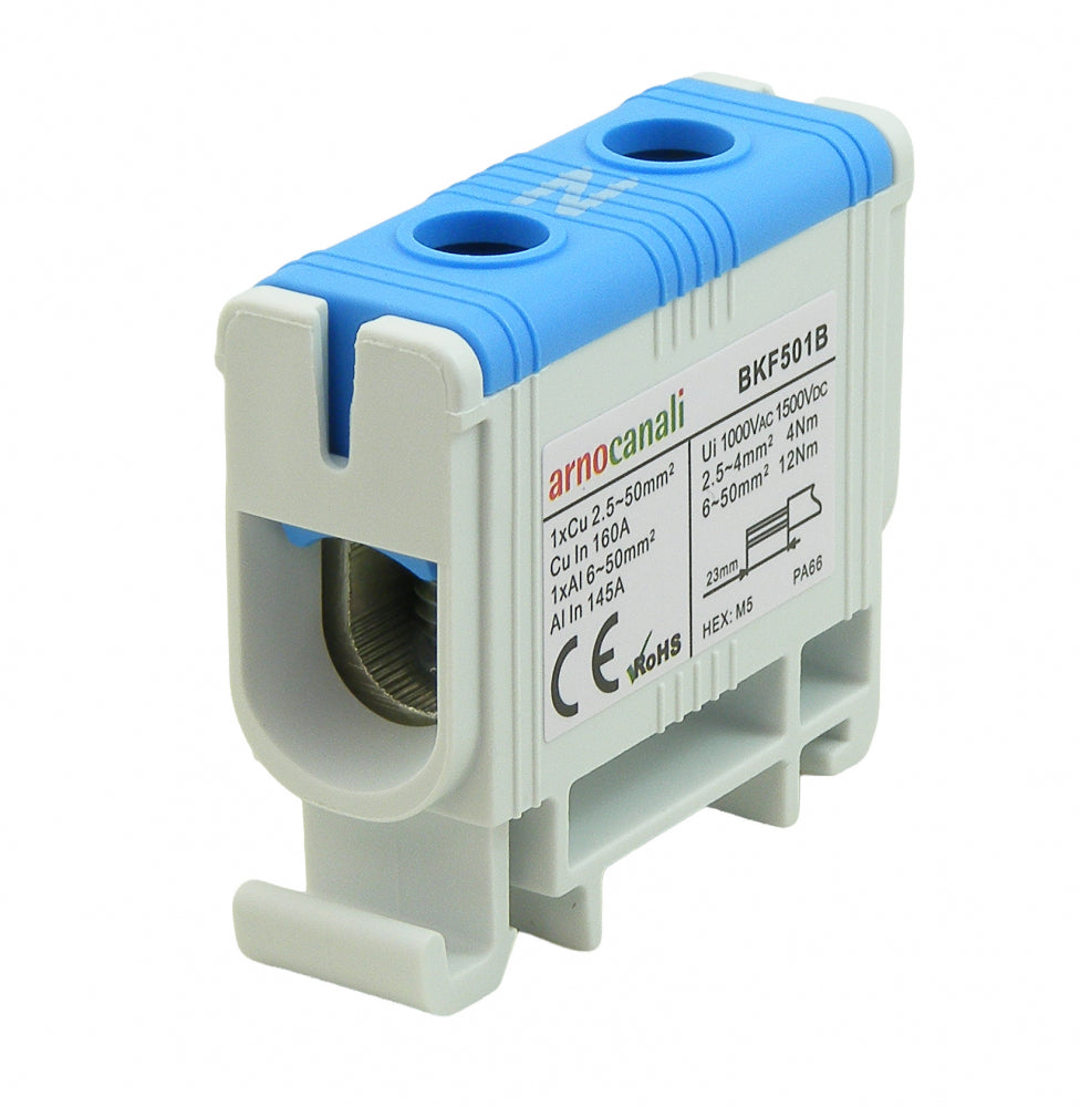 Switchtec BKF501B Arnocanali 50mm 160A Single Hole Compact Din Rail Terminal Block Blue