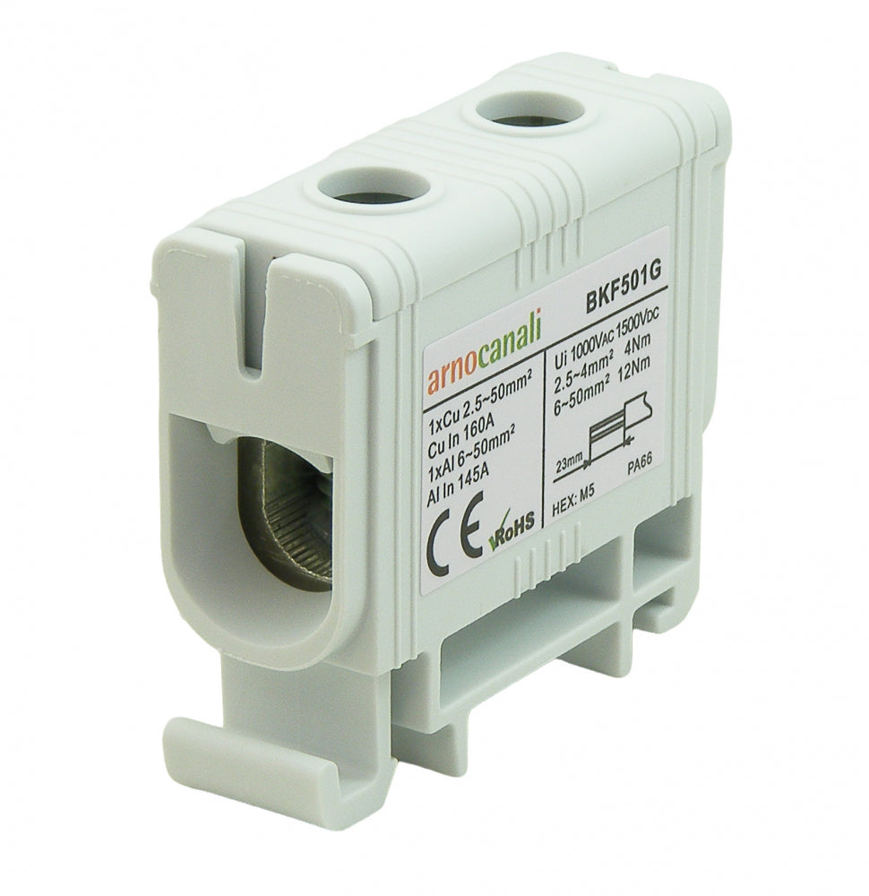 Switchtec BKF501G Arnocanali 50mm 160A Single Hole Compact Din Rail Terminal Block Grey