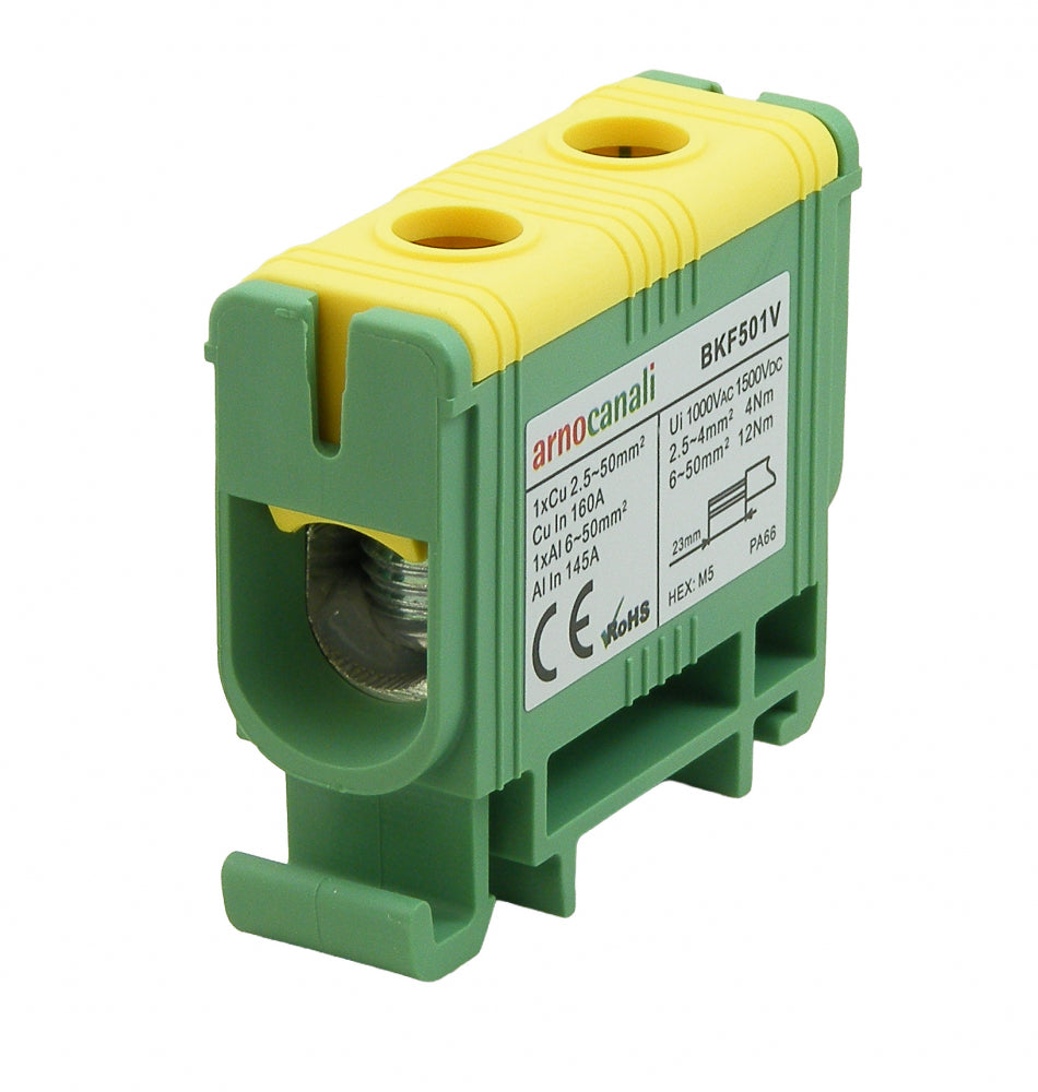 Switchtec BKF501V Arnocanali 50mm 160A Single Hole Compact Din Rail Terminal Block Green / Yellow