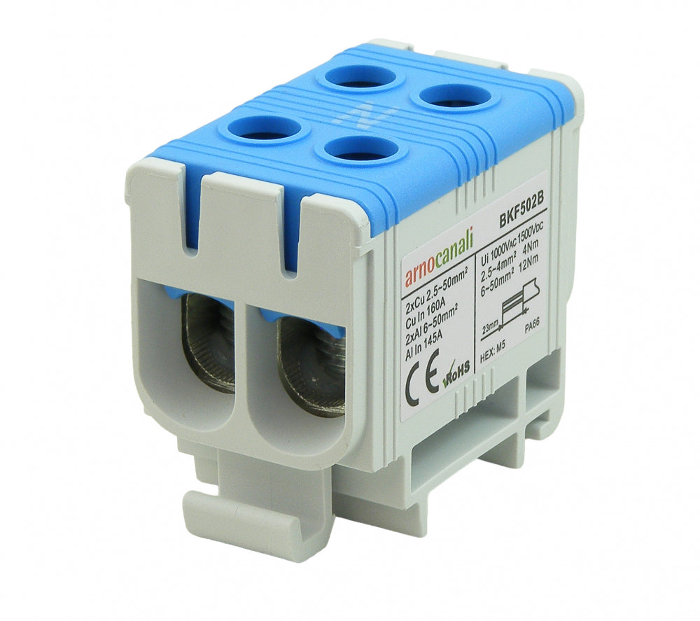 Switchtec BKF502B Arnocanali 50mm 160A Two Hole Compact Din Rail Terminal Block Blue