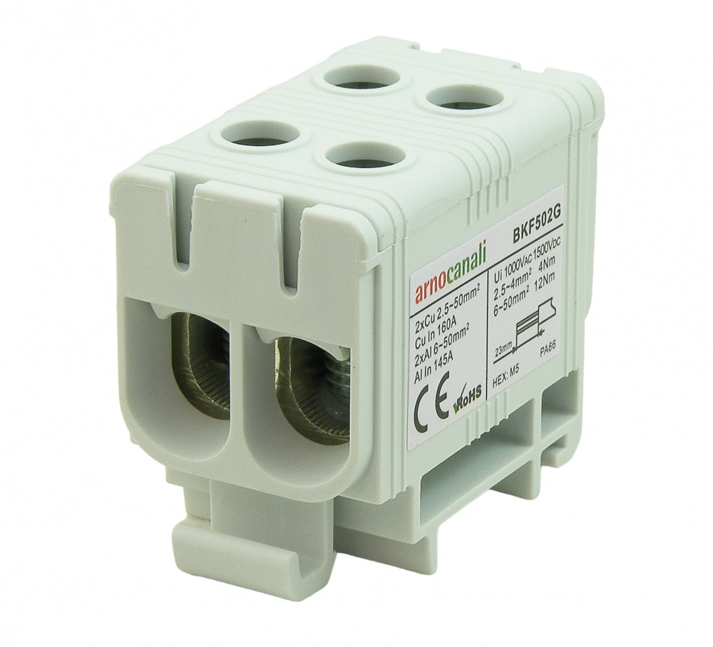 Switchtec BKF502G Arnocanali 50mm 160A Two Hole Compact Din Rail Terminal Block Grey