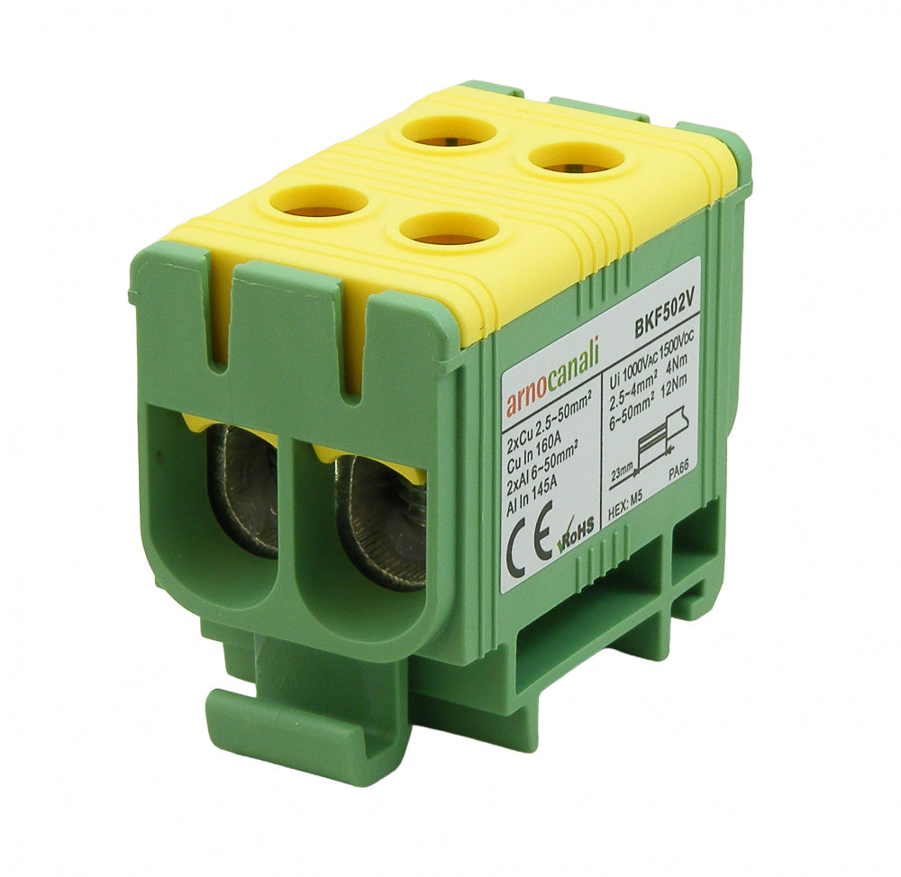 Switchtec BKF502V Arnocanali 50mm 160A Two Hole Compact Din Rail Terminal Block Green / Yellow