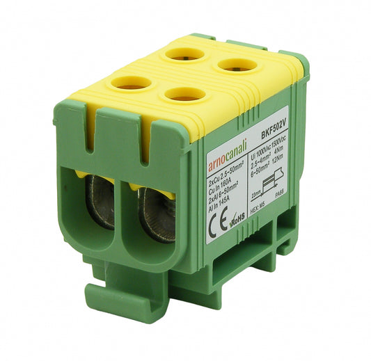 Switchtec BKF502V Arnocanali 50mm 160A Two Hole Compact Din Rail Terminal Block Green / Yellow
