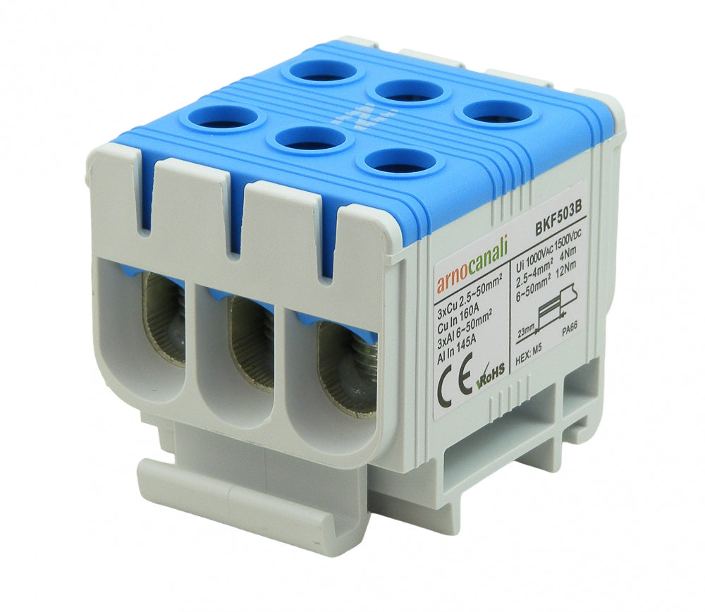 Switchtec BKF503B Arnocanali 50mm 160A Three Hole Compact Din Rail Terminal Block Blue