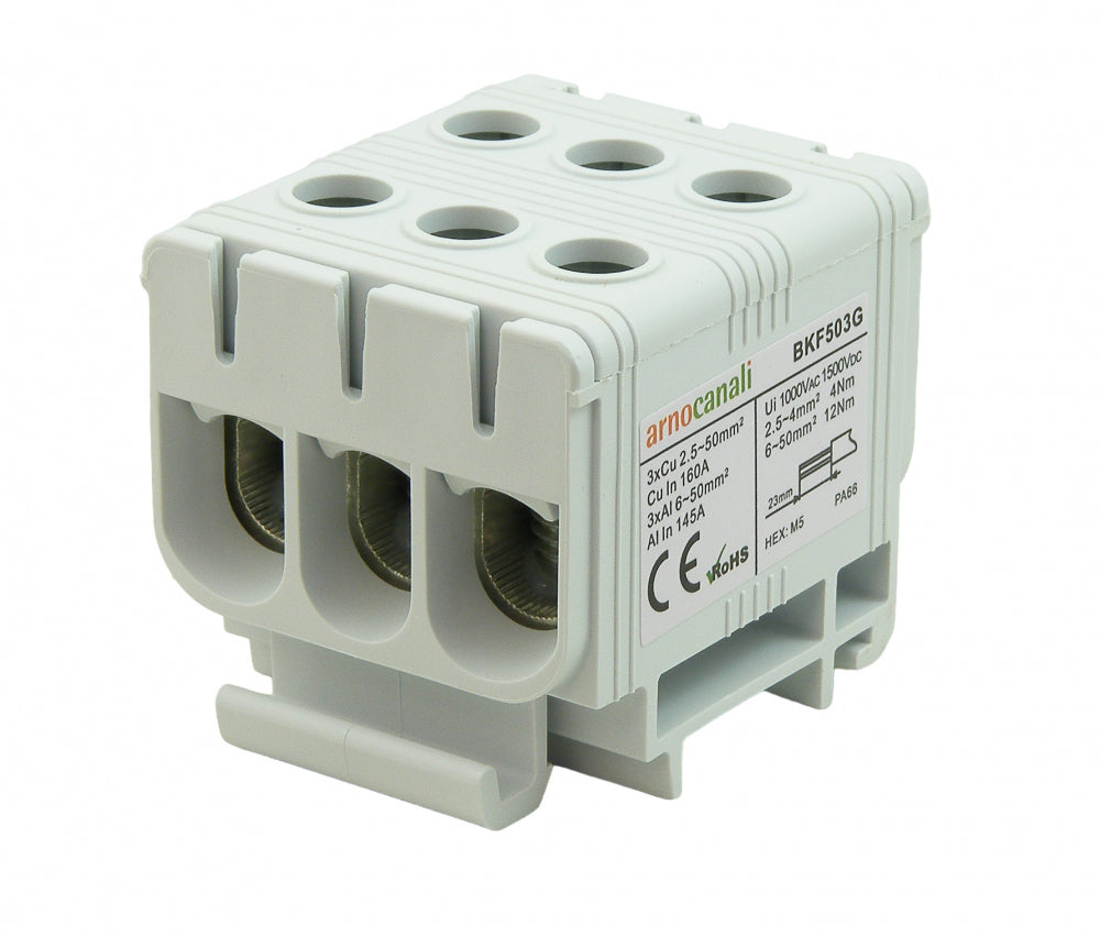 Switchtec BKF503G Arnocanali 50mm 160A Three Hole Compact Din Rail Terminal Block Grey