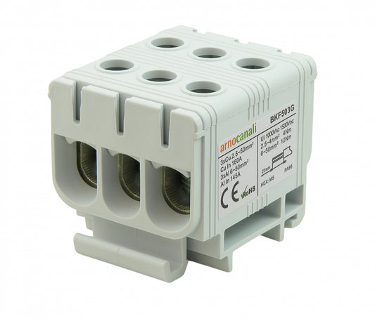 Switchtec BKF503G Arnocanali 50mm 160A Three Hole Compact Din Rail Terminal Block Grey
