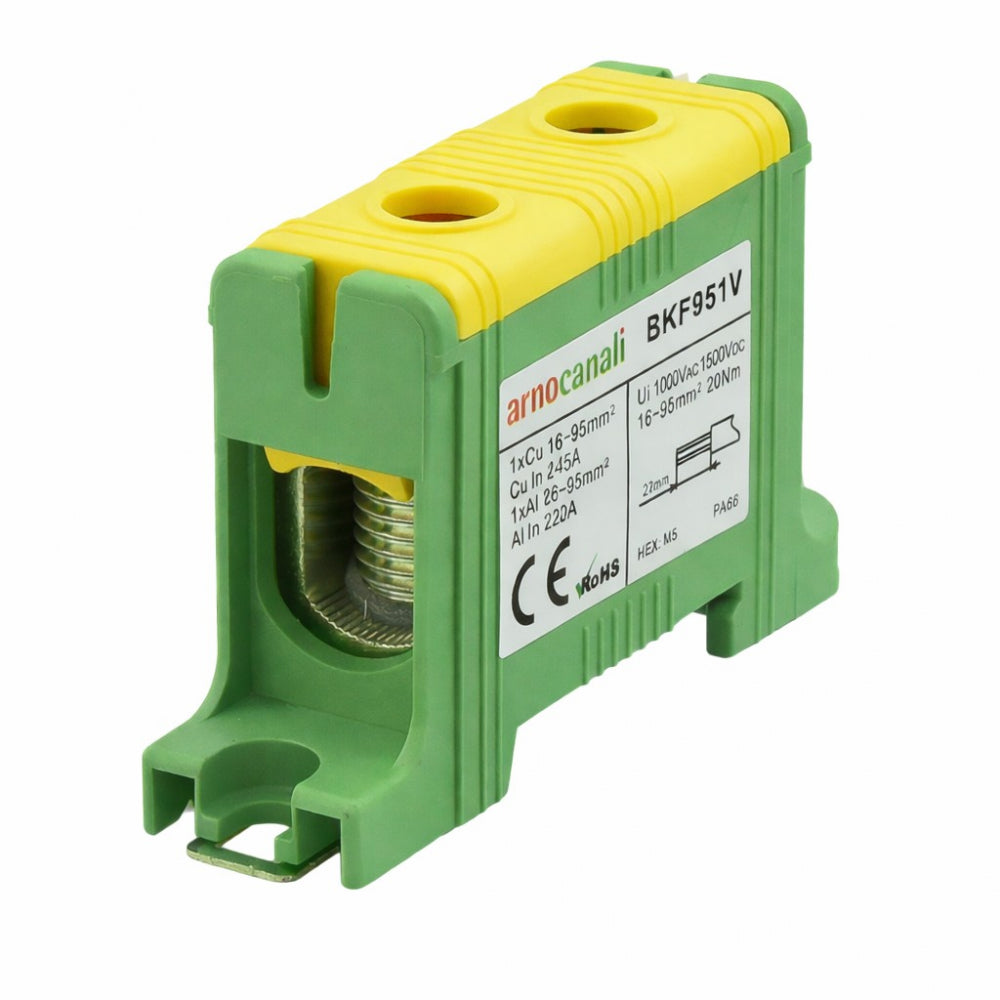 Switchtec BKF951V Arnocanali 95mm 245A Single Hole Compact Din Rail Terminal Block Green / Yellow