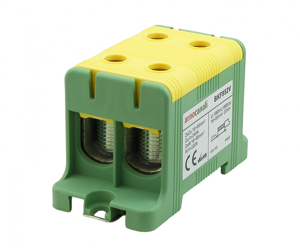 Switchtec BKF952V Arnocanali 95mm 245A Two Hole Compact Din Rail Terminal Block Green / Yellow