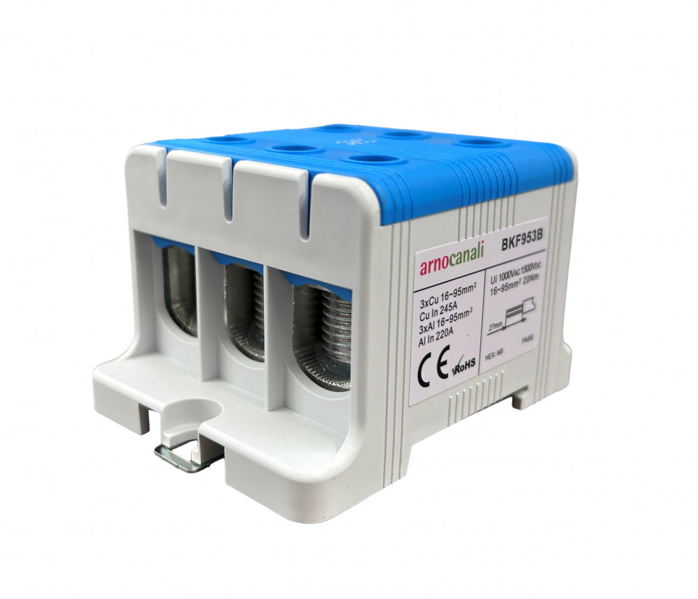 Switchtec BKF953B Arnocanali 95mm 245A Three Hole Compact Din Rail Terminal Block Blue
