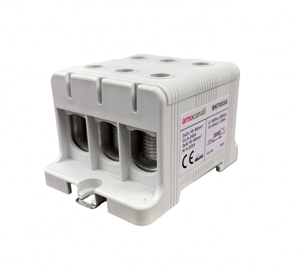 Switchtec BKF953G Arnocanali 95mm 245A Three Hole Compact Din Rail Terminal Block Grey