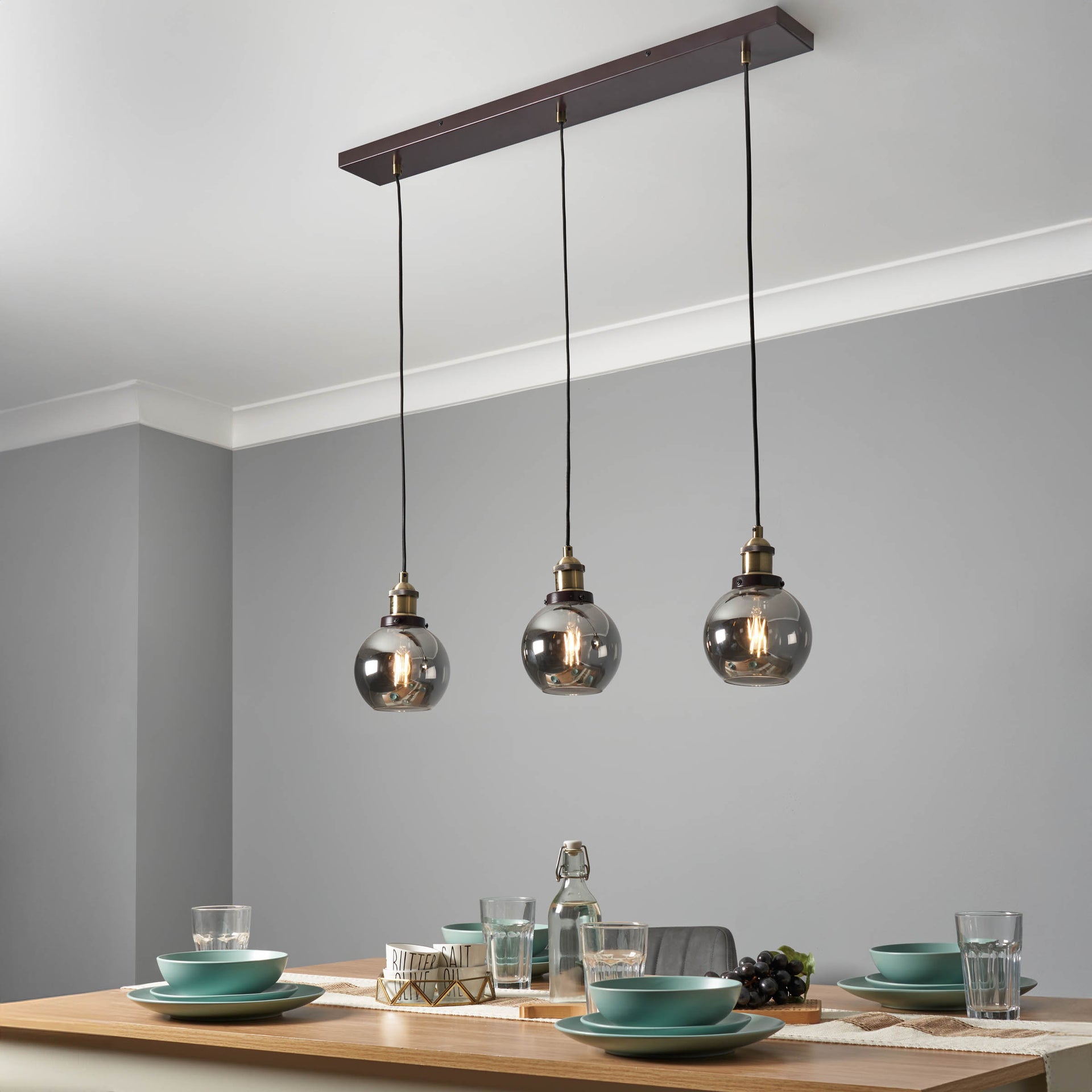 Forum 39001022 Carter 3 x E27 Diner Pendant with Smoked Glass Shades Matt Black