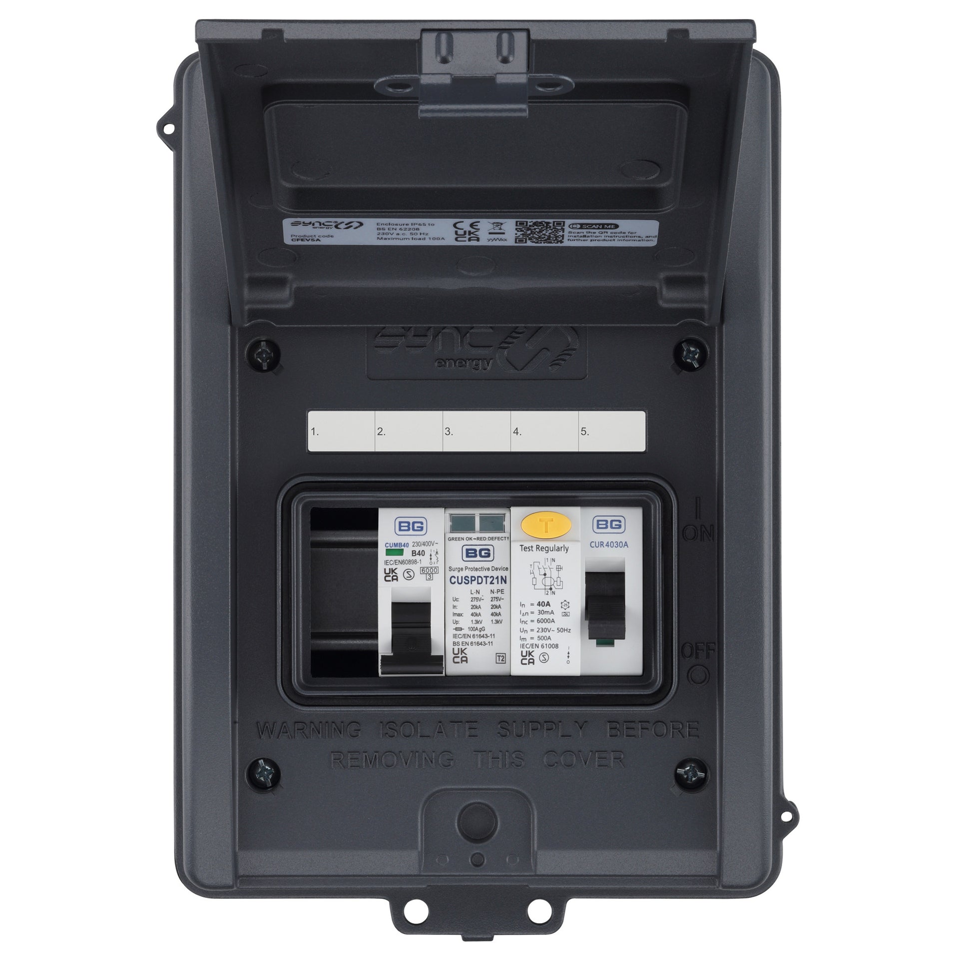 Sync Energy CFEV5A-01 5 Module EV Consumer Unit with 40A Type A RCD, 40A MCB and Type 2 SPD Grey IP65