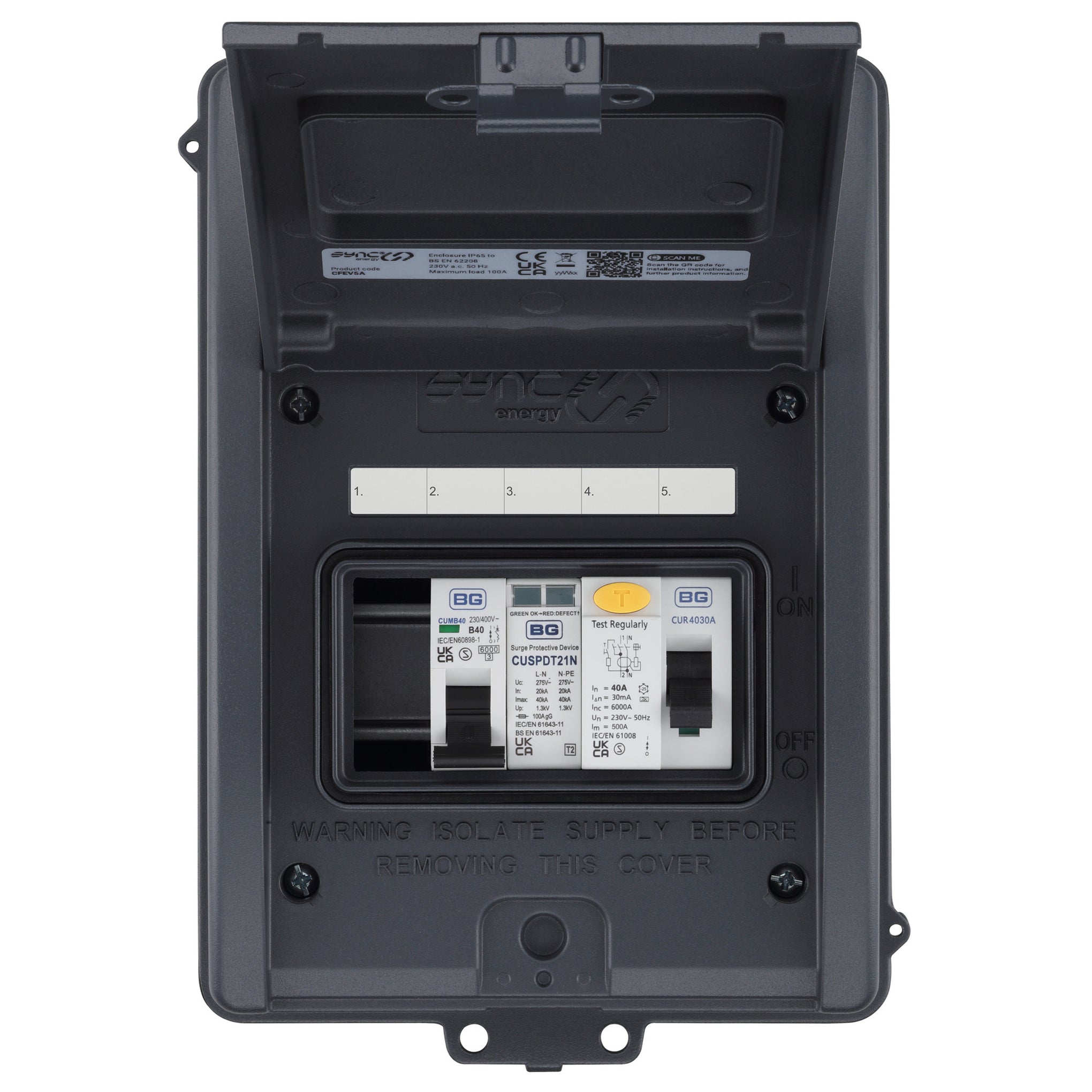 Sync Energy CFEV5A-01 5 Module EV Consumer Unit with 40A Type A RCD, 40A MCB and Type 2 SPD Grey IP65