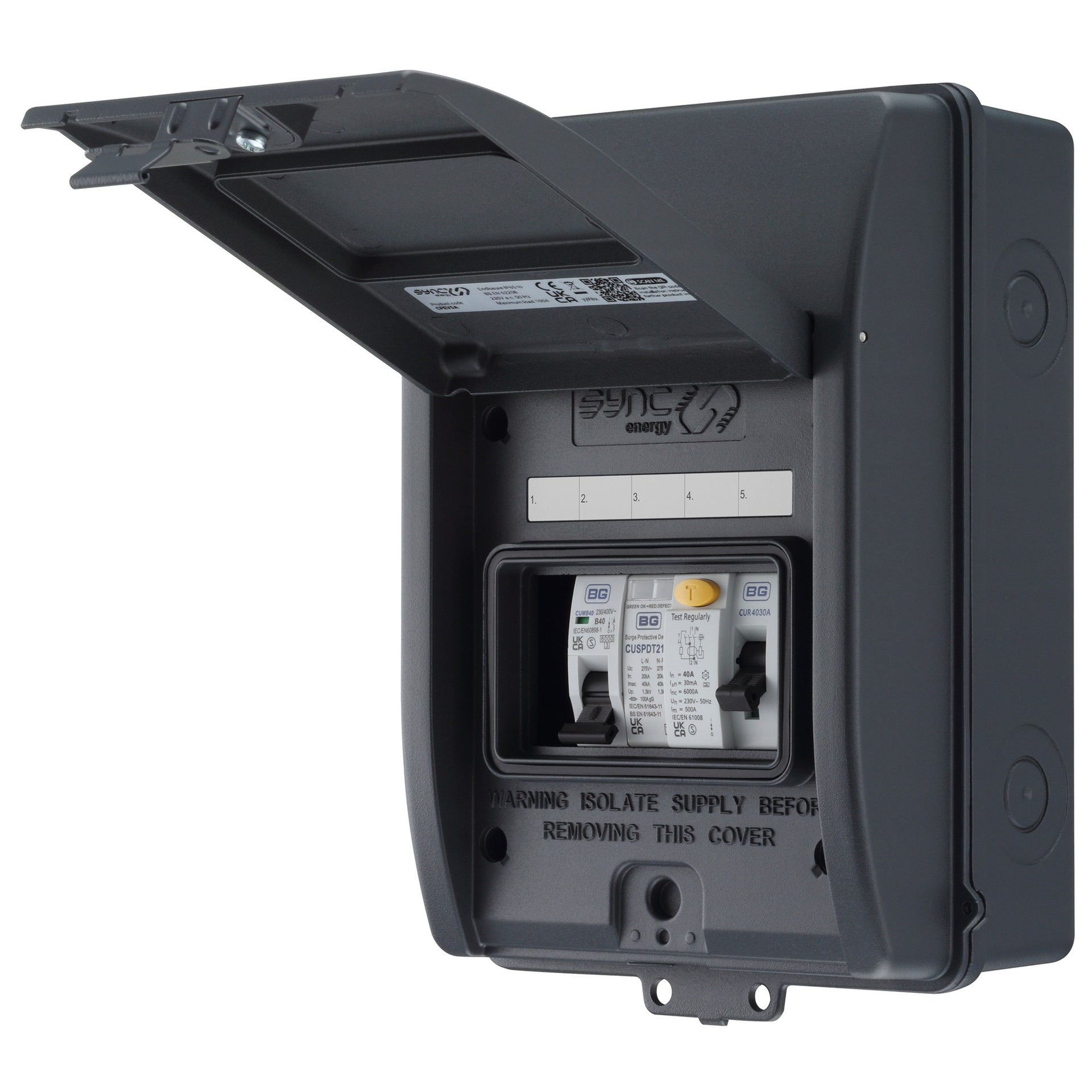 Sync Energy CFEV5A-01 5 Module EV Consumer Unit with 40A Type A RCD, 40A MCB and Type 2 SPD Grey IP65