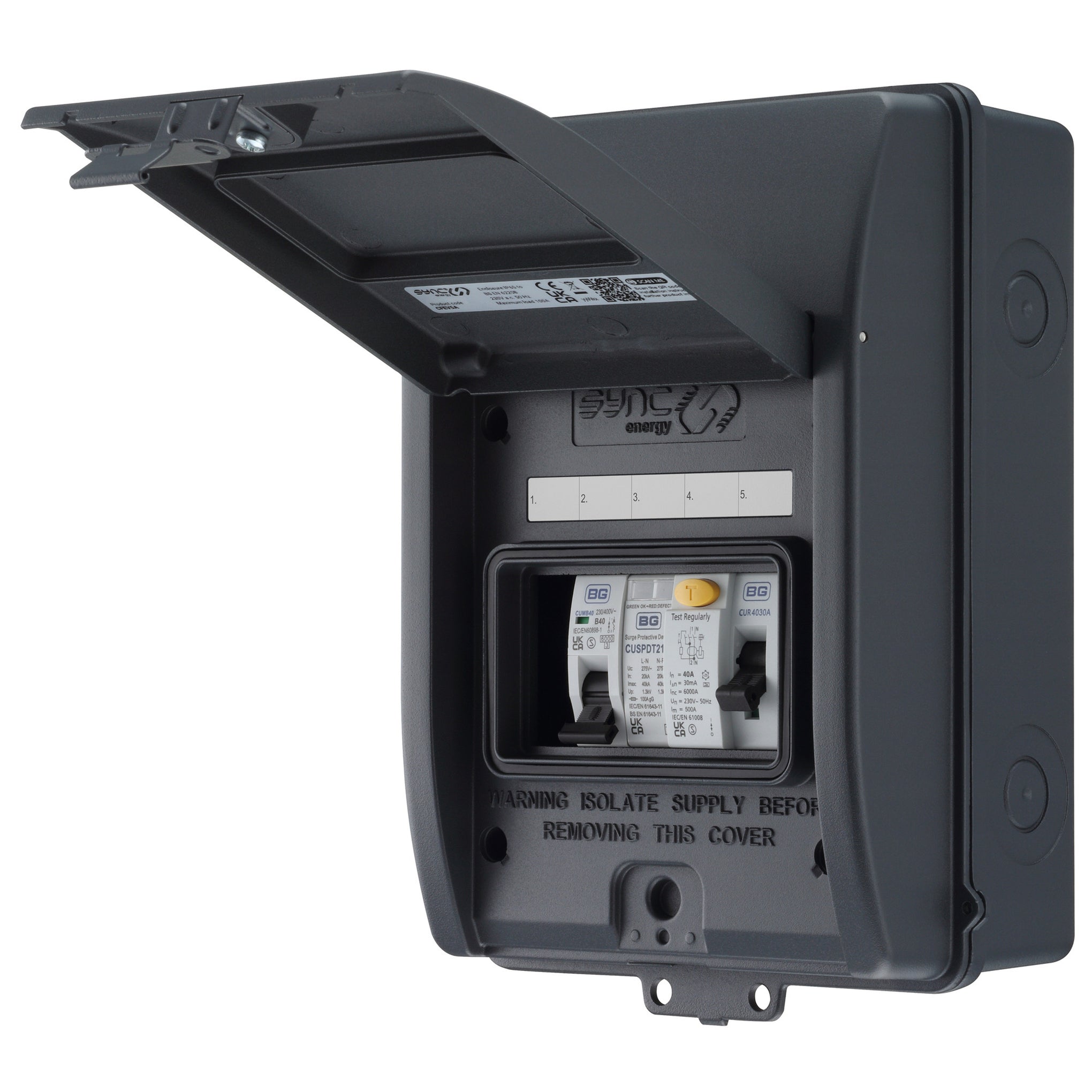 Sync Energy CFEV5A-01 5 Module EV Consumer Unit with 40A Type A RCD, 40A MCB and Type 2 SPD Grey IP65