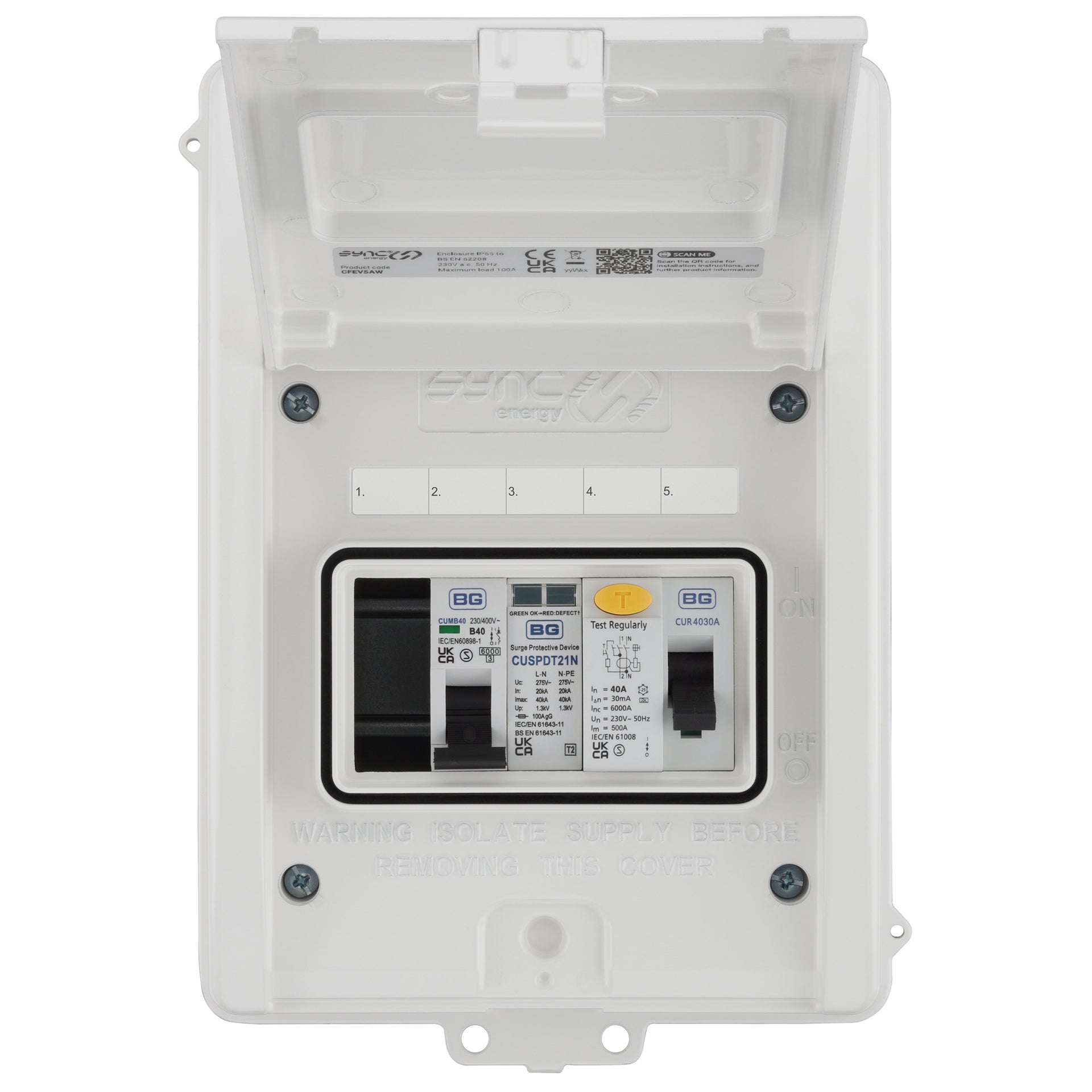 Sync Energy CFEV5AW-01 5 Module EV Consumer Unit with 40A Type A RCD, 40A MCB and Type 2 SPD White IP65