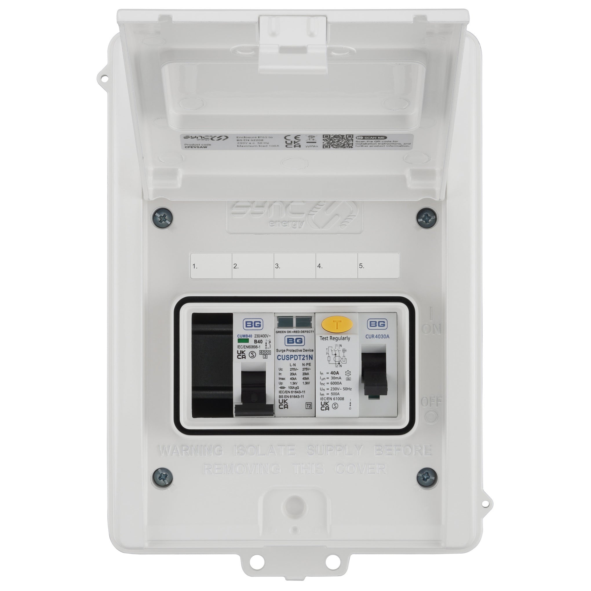 Sync Energy CFEV5AW-01 5 Module EV Consumer Unit with 40A Type A RCD, 40A MCB and Type 2 SPD White IP65