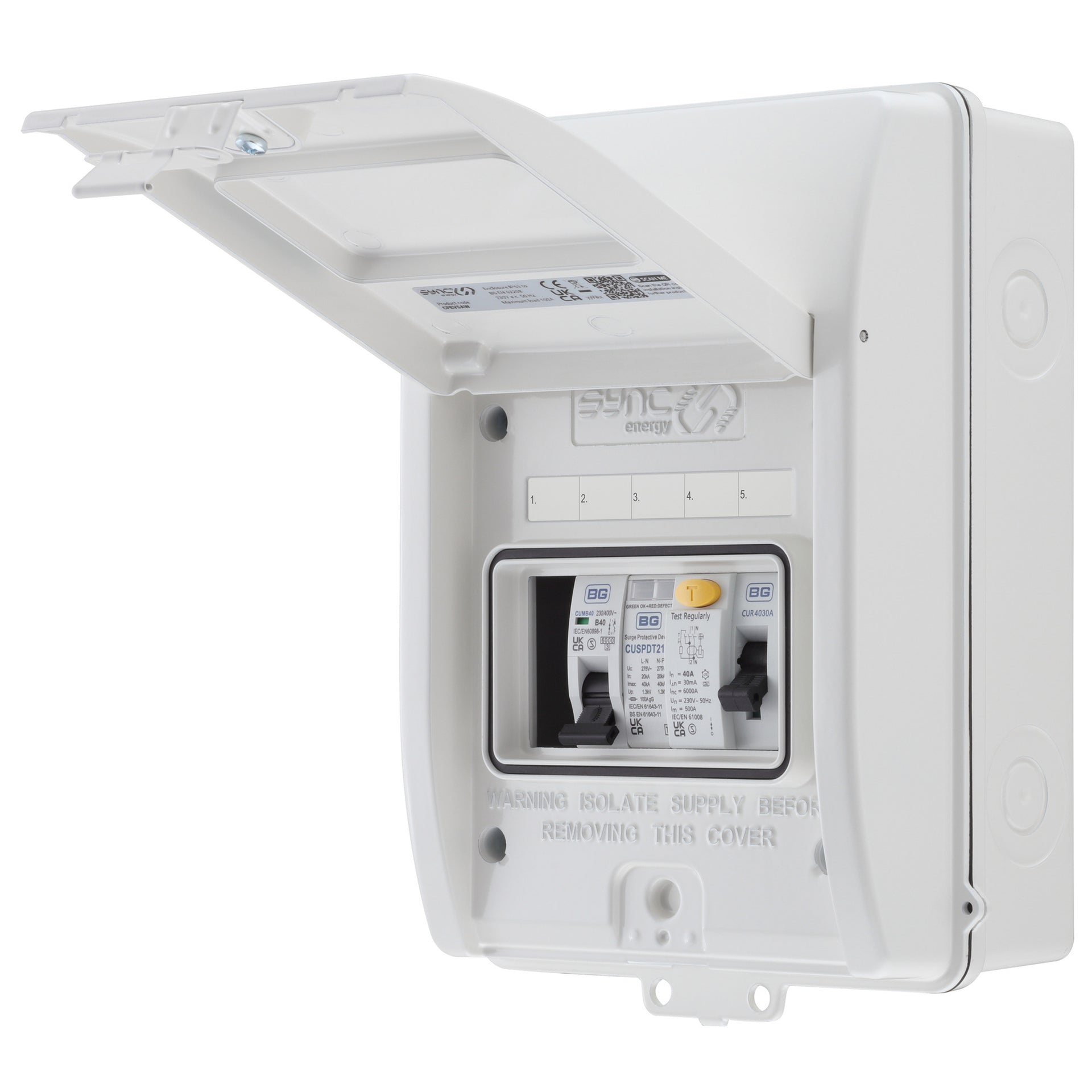 Sync Energy CFEV5AW-01 5 Module EV Consumer Unit with 40A Type A RCD, 40A MCB and Type 2 SPD White IP65
