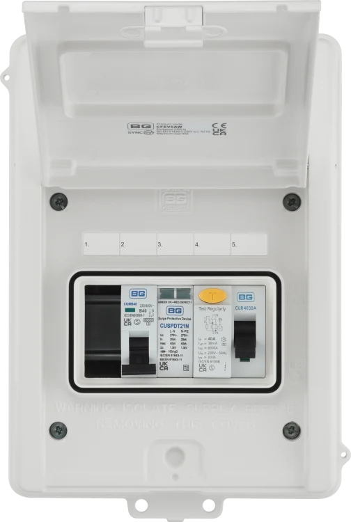 SyncEV CFEV5AW 5 Module EV Consumer Unit with 40A Type A RCD, 40A MCB and Type 2 SPD White IP65